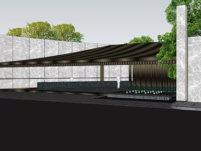 Modern Entrance Gate Design With Marble Walls Canopy And Green Plants 3d model