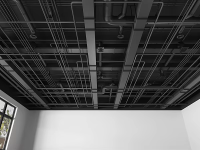 Black and White Ceiling Design With Exposed Metal Frames Pipes and Window 3d model