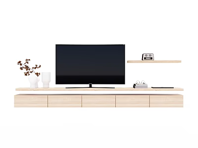 Modern Light Wood TV Stand with Flat Screen TV and Floating Shelves for Decor 3d model
