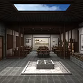 Traditional Chinese Cultural Center Interior With Calligraphy Exhibits And Wooden Display Cabinets