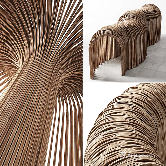 Elegant Modern Wooden Stool With Curved Slats And Artistic Structure Design 3d model