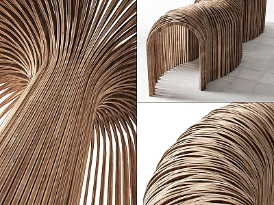 Elegant Modern Wooden Stool With Curved Slats And Artistic Structure Design 3d model