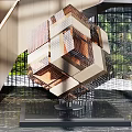 Modern Staircase Interior Design With Metal Structure Glass Walls Natural View And Artistic Sculpture