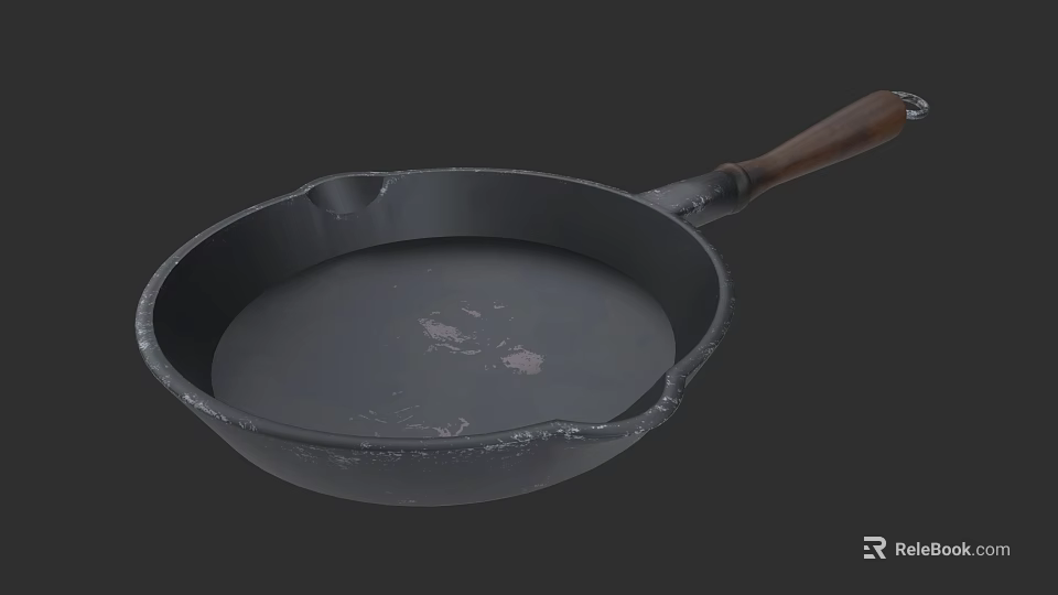 Durable Cast Iron Frying Pan With Wooden Handle And Textured Surface 3d model 