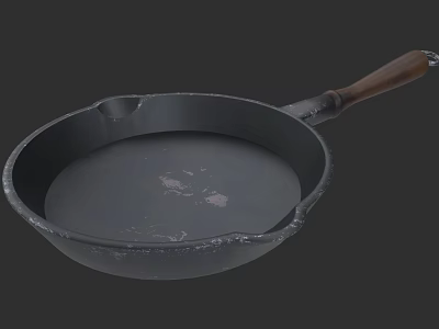 Durable Cast Iron Frying Pan With Wooden Handle And Textured Surface 3d model