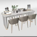 Elegant Display Shelf With Marble Countertop Cosmetics Green Plants Mirror And Beige Chairs