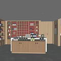 Specialty Store Interior Featuring Wooden Shelves Marble Counter Circular Decorative Art And Product Displays