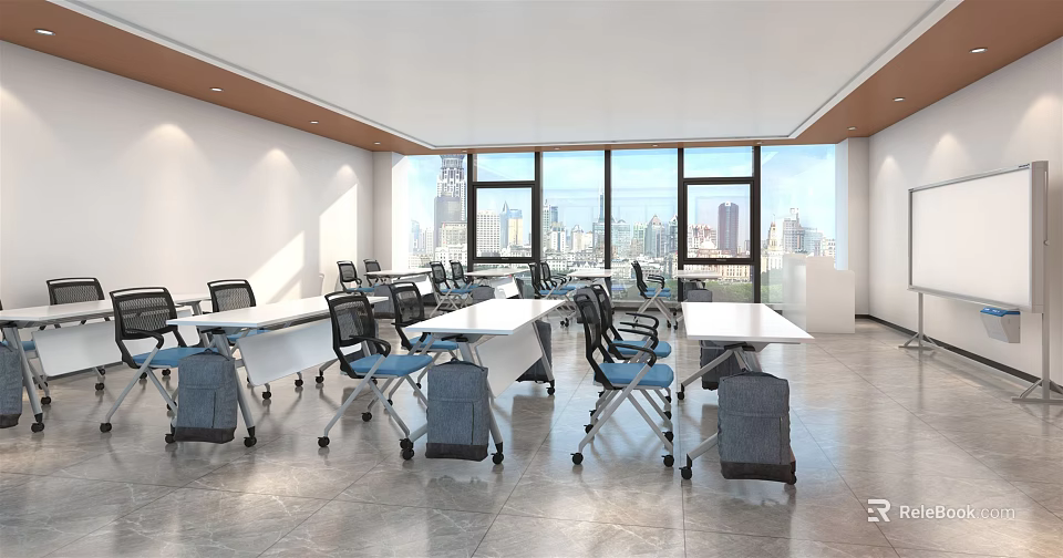 Modern School Classroom with Open Layout Tables Chairs Large Windows and City View Learning Space 3d model 