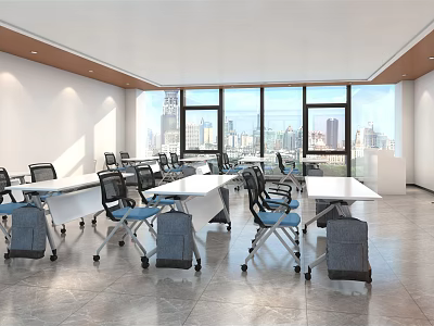 Modern School Classroom with Open Layout Tables Chairs Large Windows and City View Learning Space 3d model
