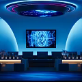 Modern KTV Room Interior With Blue Lighting Circular Ceiling Bar Counter And Screen