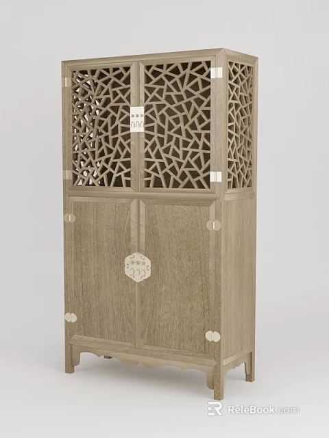 Traditional Wooden Bookcase With Lattice Carved Design And Decorative Cabinet Doors 3d model 