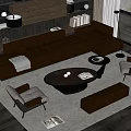 Modern Living Room Interior With Brown Leather Sofa And Round Wooden Coffee Table Set