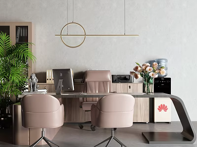 Modern Office Desk with Light Pink Chairs Computer Filing Cabinet Green Plant Flowers Huawei Logo 3d model