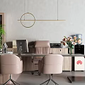 Modern Office Desk with Light Pink Chairs Computer Filing Cabinet Green Plant Flowers Huawei Logo