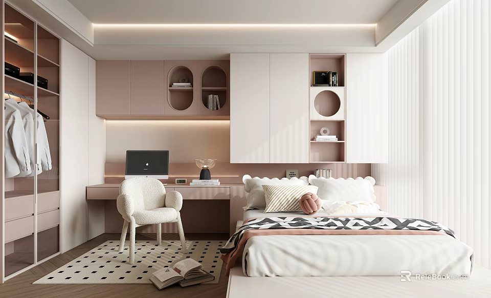 Modern Tatami Bedroom Interior With Pastel Cabinets Desk And White Chair 3d model 