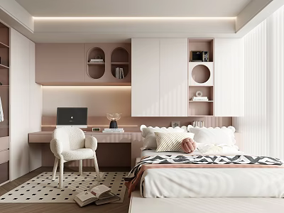 Modern Tatami Bedroom Interior With Pastel Cabinets Desk And White Chair 3d model