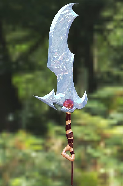 Crystal Ice Blade Sword With Brown White Striped Handle And Red Gem On Forest Background 3d model