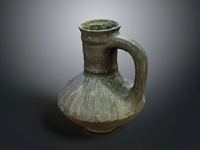 Hand Carved Pottery Vase With Textured Surface And Curved Handle Design 3d model