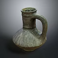 Hand Carved Pottery Vase With Textured Surface And Curved Handle Design