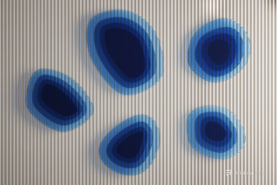 Modern Blue And White Wall Decor With Five Irregular Oval Shapes On Light Striped Background 3d model 
