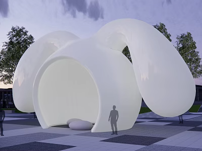 Modern White Sculptural Outdoor Structure With Trees Pedestrians And Checkered Ground 3d model