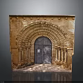Ancient Stone Archway Entrance with Intricate Carvings Decorative Columns and Wooden Doors
