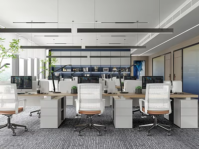Modern Public Office Space With Open Layout Desks Office Chairs Computers And Green Plants 3d model
