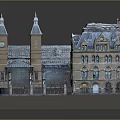 Detailed Historic Architecture Model Showcasing Clock Tower Arched Windows Roof Design Plaza and Street Lamps