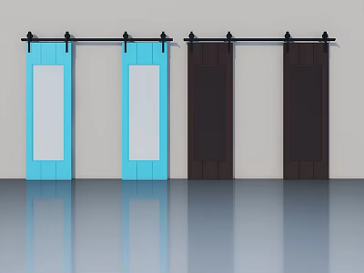 Sliding Barn Doors in Light Blue and Dark Brown with Glass Panels and Sliding Track 3d model