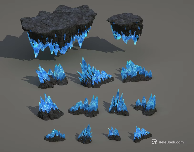 Scene Components With Black Rock Base And Blue Icy Crystals In Various Sizes Shapes 3d model 