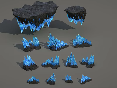 Scene Components With Black Rock Base And Blue Icy Crystals In Various Sizes Shapes 3d model