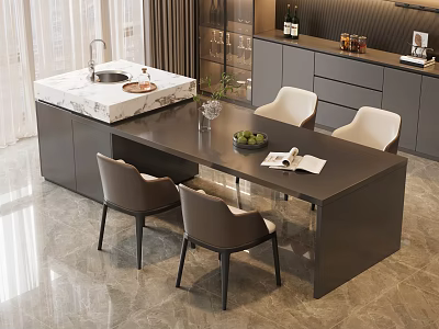 Modern Style Dining Table Set With Chairs Marble Island And Dark Cabinets 3d model