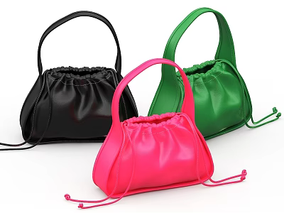 Fashionable Leather Handbags in Black Green and Pink with Drawstring Closure and Handheld Design 3d model