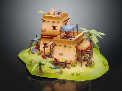 Cartoon Scene of Earth Yellow Two Story Hut With Palm Trees Stall and Green Grass 3d model