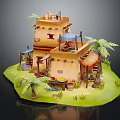 Cartoon Scene of Earth Yellow Two Story Hut With Palm Trees Stall and Green Grass