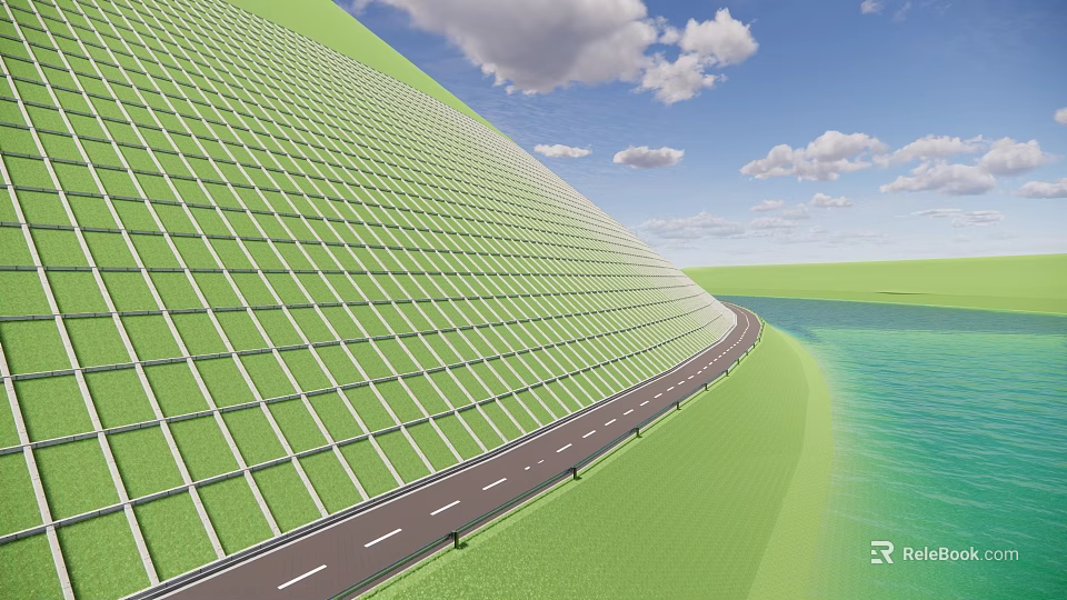 Garden Landscape Featuring Curved Road Green Grid Design And Waterfront Scene 3d model 