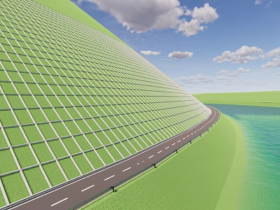 Garden Landscape Featuring Curved Road Green Grid Design And Waterfront Scene 3d model