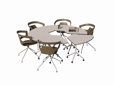 Round Modular Conference Table With Brown Wheeled Armchairs And Light Surface 3d model