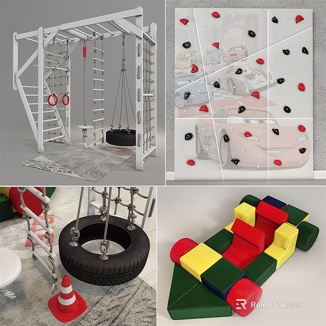 Fun Playground Equipment With Climbing Frame Swing Tire Climbing Wall And Colorful Blocks 3d model 