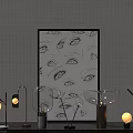 Modern Tech Exhibition Hall Featuring Contemporary Lamps And Eye Sketch Artwork On Gray Textured Wall