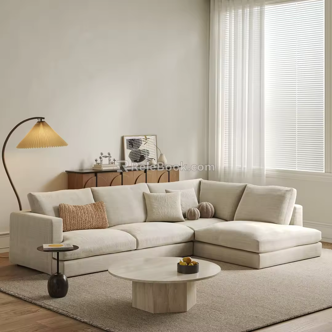 Modern Cream Style Sofa Coffee Table Combination Fabric Sofa Concubine Sofa L-shaped Sofa Multi-person Sofa Floor Lamp Carpet Entrance Cabinet Decoration Coffee Table 3d model