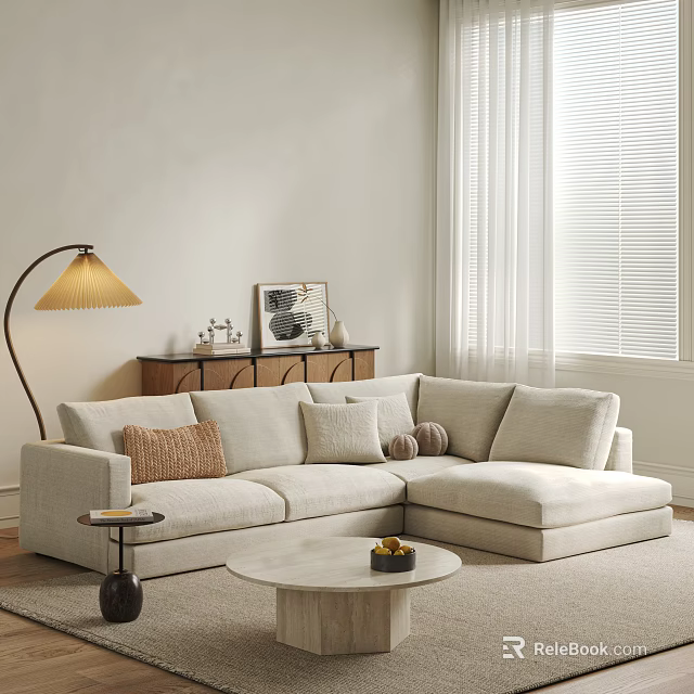 Stylish Light L Shaped Sofa with Throw Pillows and Round Coffee Table in Modern Living 3d model 