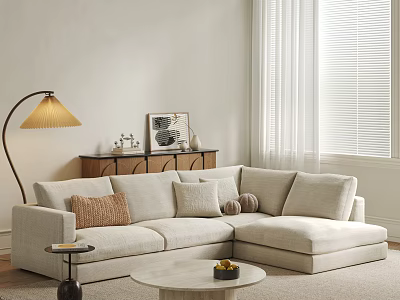 Stylish Light L Shaped Sofa with Throw Pillows and Round Coffee Table in Modern Living 3d model