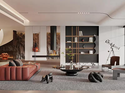 Modern Living Room Interior With Brown Sofa Bookshelf Telescope And Decorative Rug 3d model
