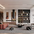 Modern Living Room Interior With Brown Sofa Bookshelf Telescope And Decorative Rug