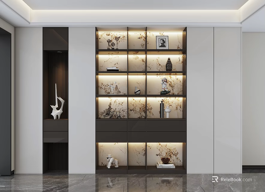 Modern Bookshelf Interior Design With Marble Texture Backdrop And Decorative Statues Books 3d model 