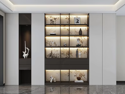 Modern Bookshelf Interior Design With Marble Texture Backdrop And Decorative Statues Books 3d model