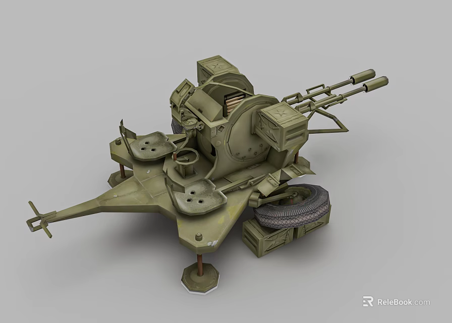 Green Military Anti Aircraft Gun With Tire Mount And Ammunition Box 3d model 