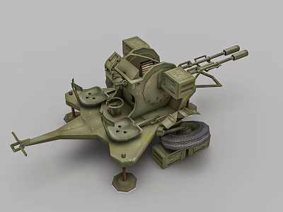 Green Military Anti Aircraft Gun With Tire Mount And Ammunition Box 3d model