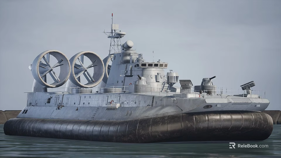 Military Hovercraft With Large Rotating Fans Radar System And Cannons On Water 3d model 